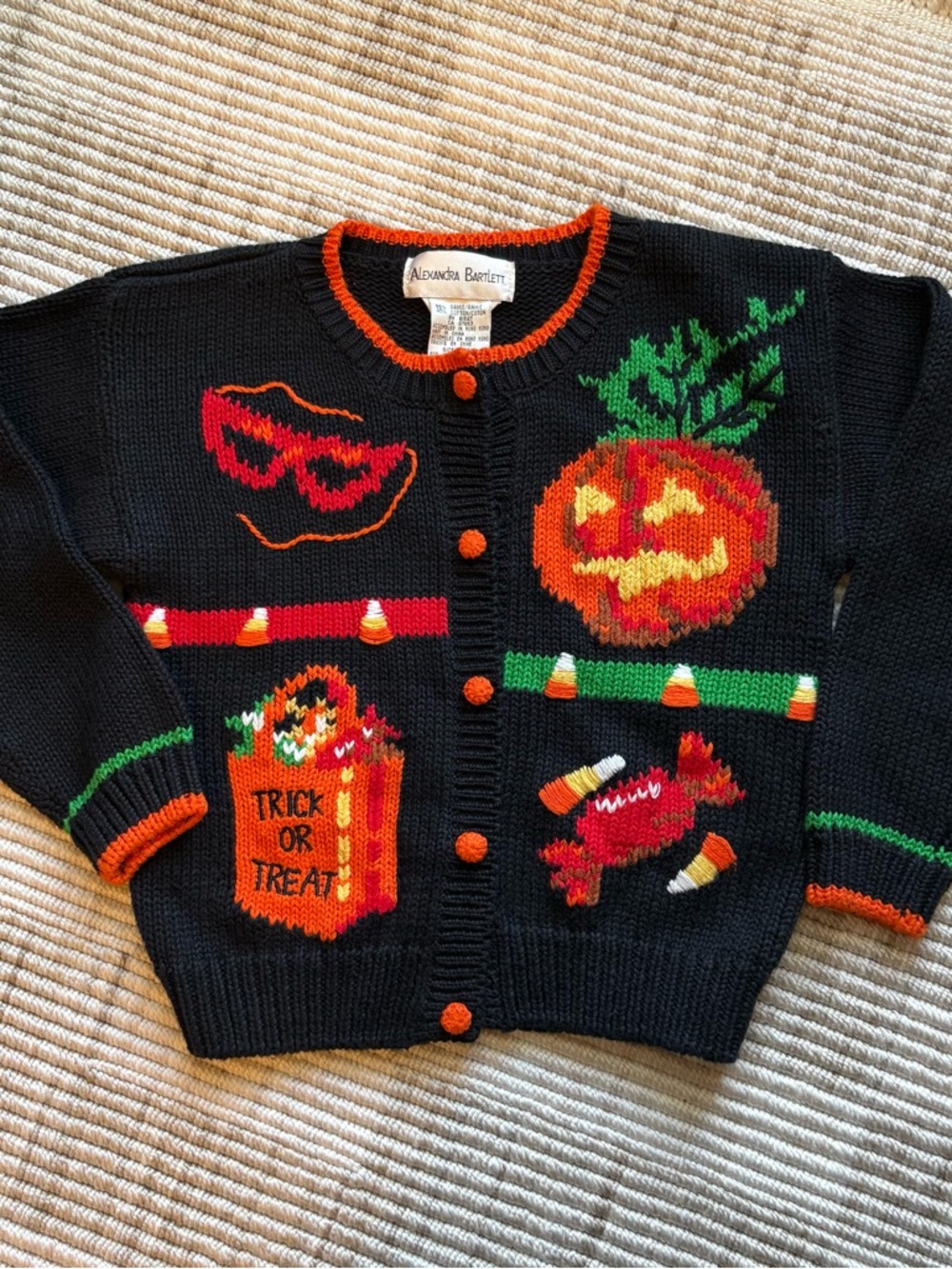 VTG Alexandra Bartlett Kids' Black Halloween Cardigan - Pumpkin & Candy Design